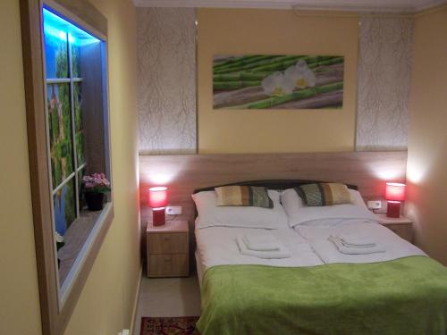 ブダペストにあるOrchidea Central Apartmentのベッドルーム1室(ベッド1台、窓、ランプ2つ付)