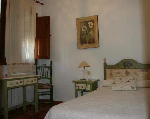 1 dormitorio con cama, mesa y escritorio en Hostal Rural Las Terrazas de la Alpujarra en Bubión