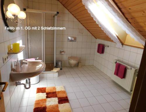 ein Bad mit einem Waschbecken und einem WC in der Unterkunft Ferienwohnung "Am Muschwitztal" Bad Steben / Carlsgrun in Bad Steben
