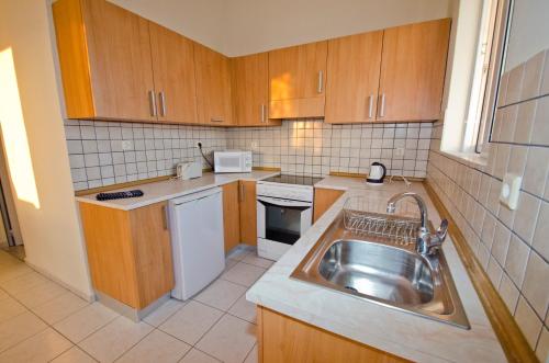 a kitchen with a stainless steel sink and wooden cabinets at Stella Hotel in Pefki