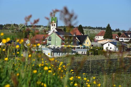 uma aldeia com uma igreja e um campo de flores em Gasthof Brennerei zum Forst em Kressbronn am Bodensee