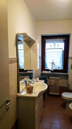 a bathroom with a sink and a mirror and a toilet at Casa della nonna per voi parcheggio gratuito condizionatore portatile CIR 0052 in Aosta