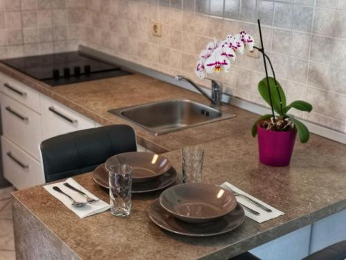 una encimera con una mesa con platos y utensilios de cocina en Apartment Ben, en Pula