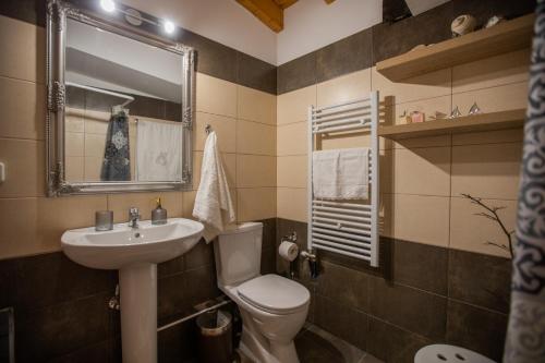 a bathroom with a sink and a toilet and a mirror at Chrysianna seaview apartment in Argostoli