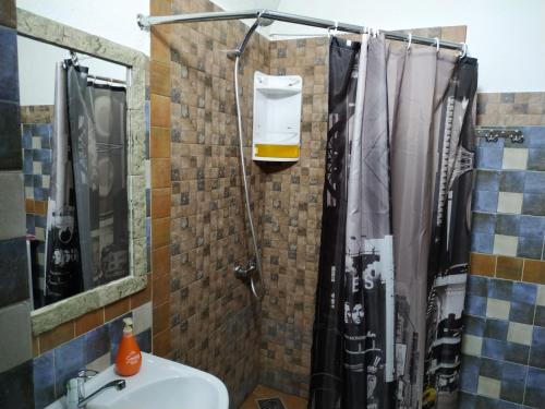 W łazience znajduje się prysznic i umywalka. w obiekcie Milo Apart Hotel w mieście Karaganda