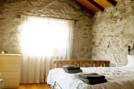 1 dormitorio con 1 cama con pared de piedra en Bellissimo Rustico A 7 km Dal Lago D'Orta, en Omegna