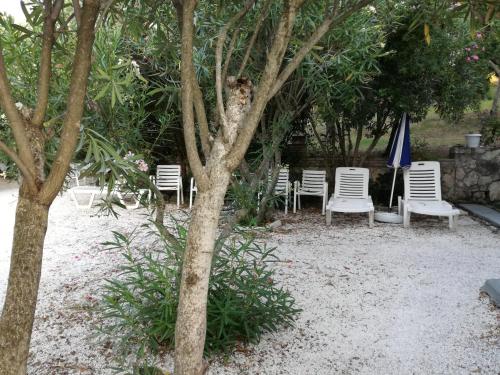 a group of chairs and an umbrella and a tree at Tony studio & apartments in Laganas