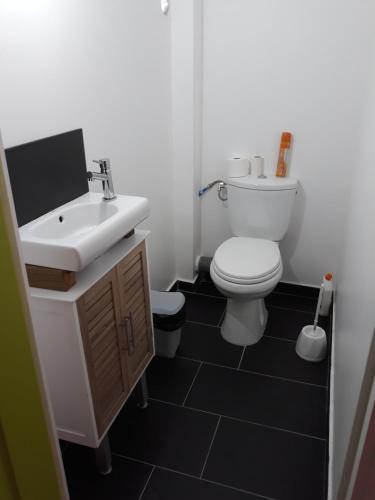 a bathroom with a white sink and a toilet at Beau duplex in Trois-Rivières
