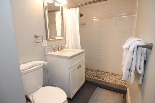 y baño con aseo, lavabo y espejo. en New One Bedroom Apartment Near Lake Winnipesaukee en Wolfeboro