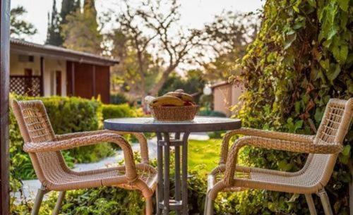 two chairs and a table with a basket on it at Mashabei Sade Kibbutz Country Lodging in Mashabbe Sade