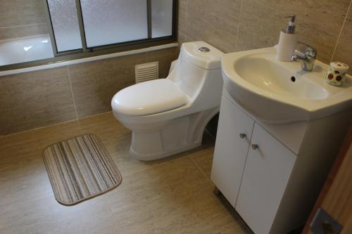 La salle de bains est pourvue de toilettes blanches et d'un lavabo. dans l'établissement Aysén Cabañas, à Puerto Aisén