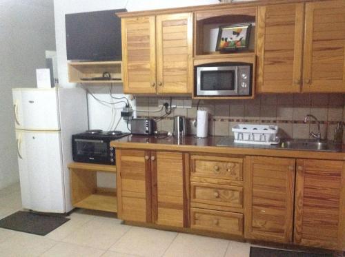 a kitchen with wooden cabinets and a white refrigerator at Mitchell's Guest House in DʼArbeau