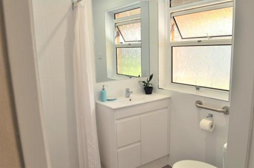 a bathroom with a sink and a toilet and two windows at Isla House Greenslopes in Brisbane