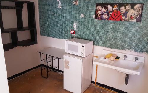 La cuisine est équipée d'un évier, d'un four micro-ondes et d'un réfrigérateur. dans l'établissement Departamento 7/7, à Tlaxcala de Xicohténcatl