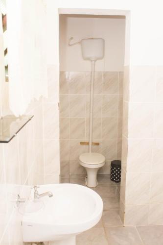 a bathroom with a toilet and a white sink at Pousada Litoreza - Natureza e conforto em perfeita sintonia in Peruíbe