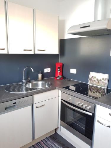 a kitchen with a sink and a stove at Bogi's Ferienhaus - Pension in Laakirchen