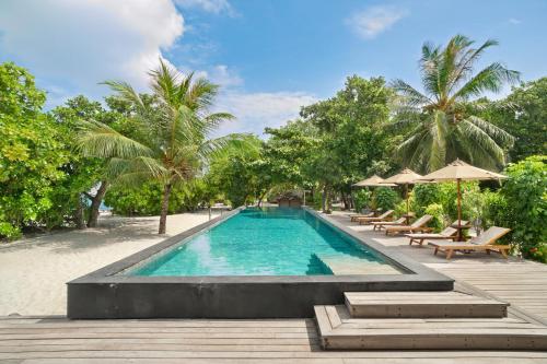 a swimming pool with chairs and umbrellas at a resort at The Barefoot Eco Hotel in Hanimaadhoo
