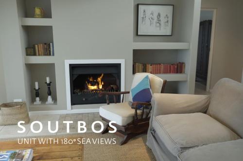 a living room with a couch and a fireplace at Soutbos & Janfrederik in Agulhas