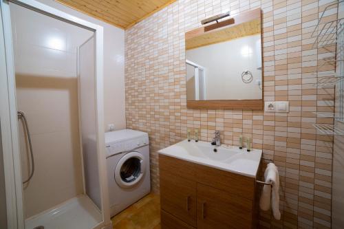 uma casa de banho com um lavatório e uma máquina de lavar roupa em Apartamento Olmeda em Alcalá del Júcar