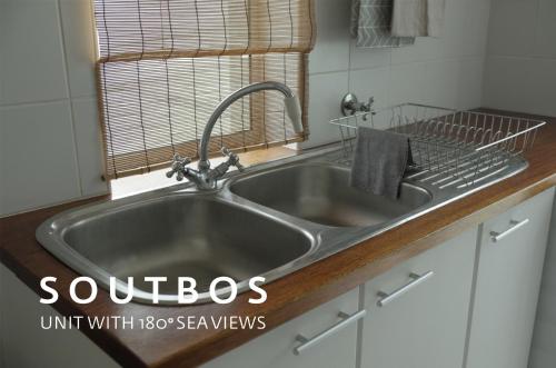 a stainless steel sink in a kitchen with a window at Soutbos & Janfrederik in Agulhas