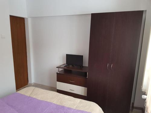 1 dormitorio con 1 cama y vestidor con TV en Apartament Mioritza 2A en Horezu