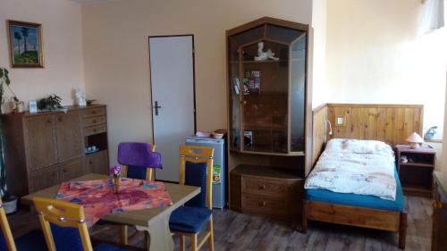 - une chambre avec une table, un lit, une table et des chaises dans l'établissement Penzion SKLAŘSKÁ HOSPODA, à Chřibská
