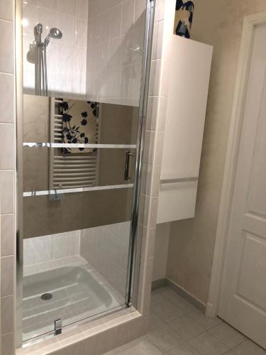 une douche avec une porte vitrée dans une salle de bain dans l'établissement Chambre d'hôtes l'Olivianne, à Sarlat-la-Canéda