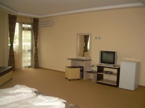 a hotel room with a bed and a television at Alexander Hotel in Asenovgrad