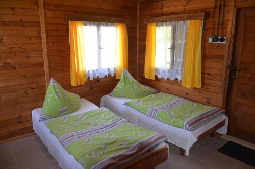 two beds in a room with two windows at EDER- Penzion & Apartmány in Horní Planá