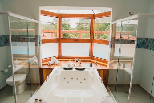 聖羅克的住宿－Espaço Tajj，带浴缸、卫生间和窗户的浴室
