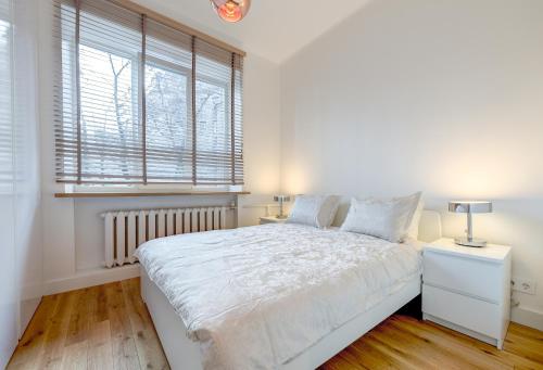 una camera bianca con un grande letto e una finestra di Center Apartment, Vilnius, Old Town a Vilnius