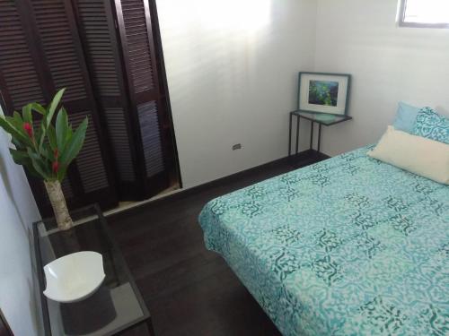 a bedroom with a bed and a table and a plant at Zen Retreat City Center Near Train in San Juan
