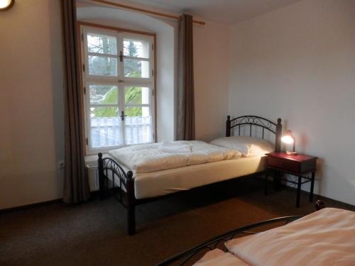 a bedroom with two beds and a window at Šporkův Mlýn in Dvůr Králové nad Labem