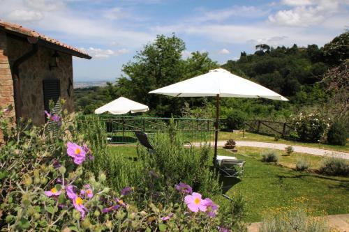 two white umbrellas in a garden with flowers at Pacifico in Montepulciano