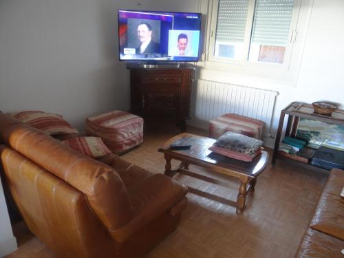 a living room with a leather couch and a flat screen tv at circuit expo zenith in Le Mans