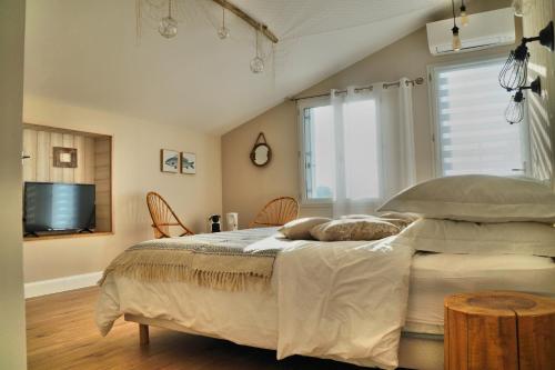 a bedroom with a large bed and a tv at Villa l'Estuaire Chambres d'Hôtes in Braud-et-Saint-Louis
