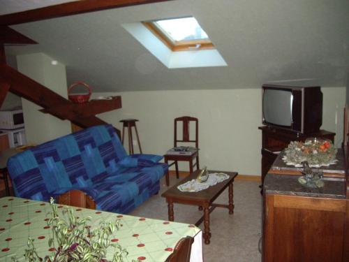 sala de estar con sofá azul y TV en Gîte du Frankenbourg, en Châtenois