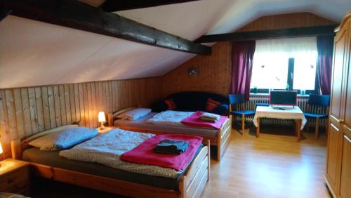 een slaapkamer met 2 bedden in een kamer bij Gästehaus Burgwald-Trekking in Mittelsimtshausen