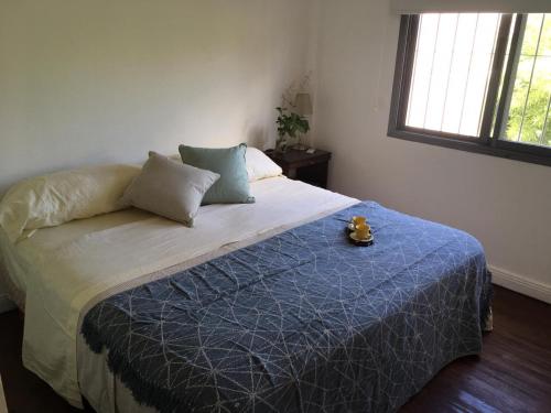 Un dormitorio con una cama con un edredón azul. en Tigre Apartment, en Tigre