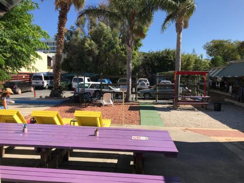 a picnic table and chairs in a park with palm trees at Wander Inn Bunbury in Bunbury