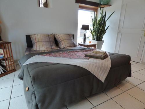 un grande letto in una camera da letto con una pianta di Chambres d'Hôtes Vignes et Loire a Drain