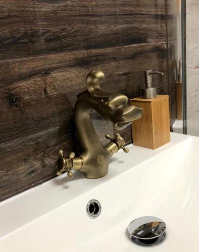 a bathroom sink with a bronze faucet on it at Designpension Traumschloss Hotel Garni in Wernigerode