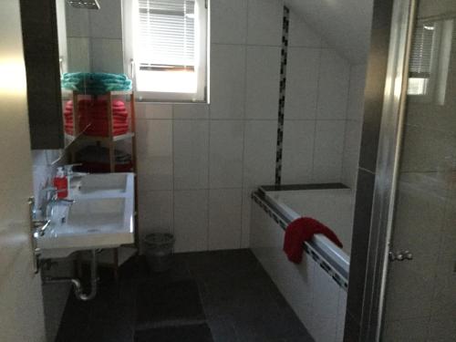 een badkamer met een wastafel en een bad bij Haus Ranten 105 in Ranten