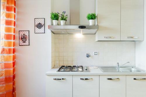 Una cocina con gabinetes blancos y un fregadero. en Florence Ognissanti Apartment, en Florencia