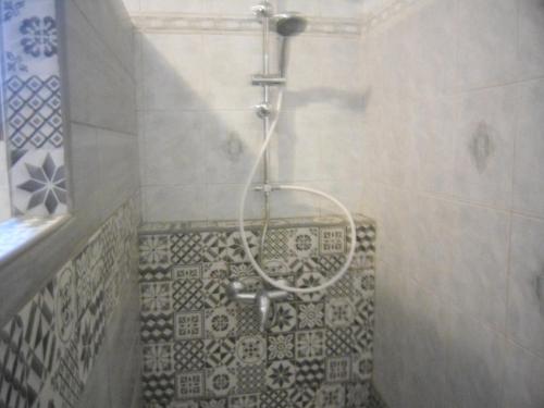 W łazience z podłogą wyłożoną kafelkami znajduje się prysznic. w obiekcie chambre les flamants vue sur les étangs petit déjeuner compris w Saintes-Maries-de-la-Mer