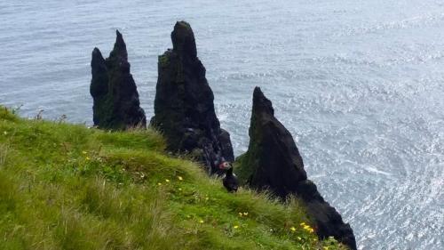a group of rocks on a hill near the ocean at Norður-Vík in Vík