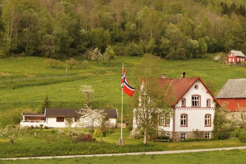 una bandera americana ondeando delante de una casa en Dalhus - House in the Valley, en Norddal