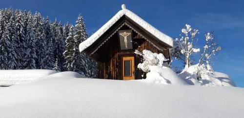 a cabin covered in snow with trees in the background at Hinterschwarzenau in Auffach