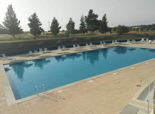 une grande piscine bleue avec des chaises longues et des arbres dans l'établissement Aldeamento Turístico de Palmela, à Cajados