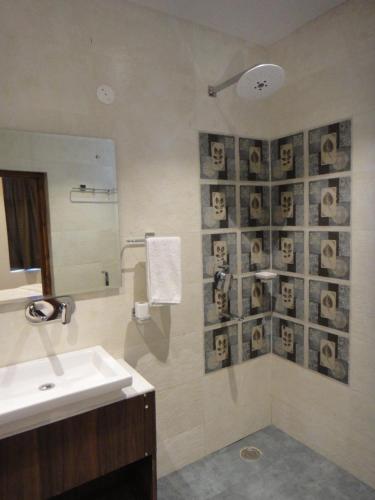 a bathroom with a sink and a mirror at The Hill Crest Inn in Shimla